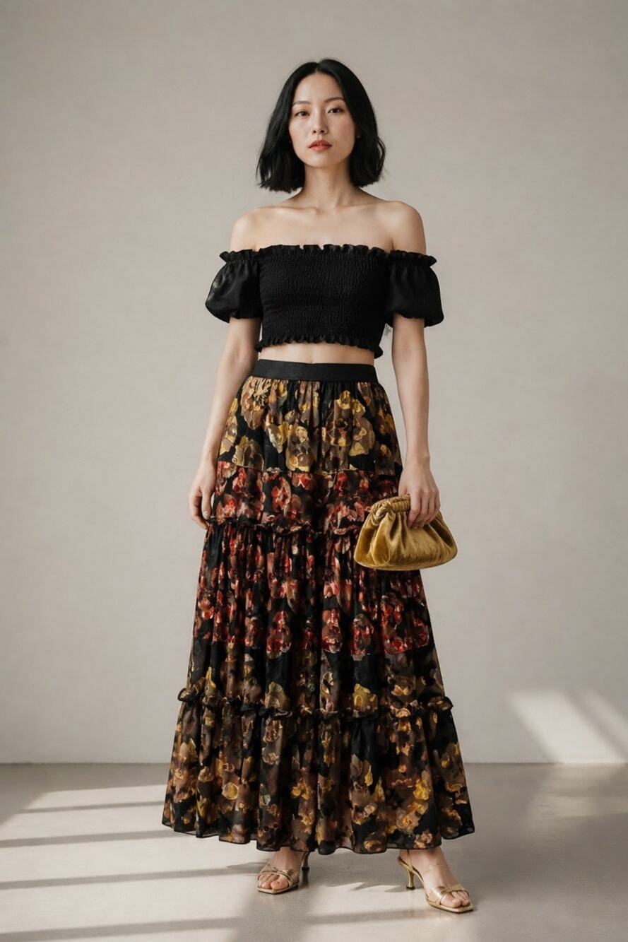 Soft Surroundings Fiametta Floral Tiered Maxi Skirt Black Gold Red Small Petite